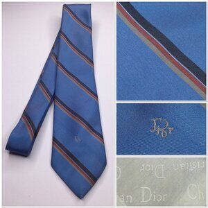 Christian Dior Mens Blue Striped Silk Necktie Designer Logo Tie Preppy Academia